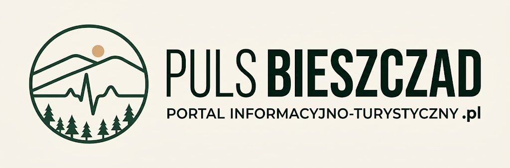 Oficjalne logo portalu Puls Bieszczad z sygnetem przedstawiającym zarys połonin bieszczadzkich, linię pulsu i las świerkowy oraz podpisem Portal Informacyjno-Turystyczny .pl